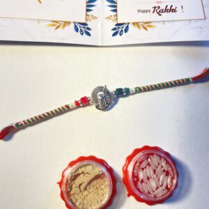 Silver Shivling Rakhi with tricolor thread, roli chawal containers and Sparsh greeting card for Raksha Bandhan