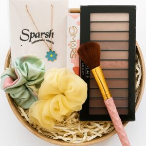 Beauty Gift Hamper for Women with Scrunchies, Necklace, Eyeshadow Palette, and Makeup Brush by Sparsh Sensation