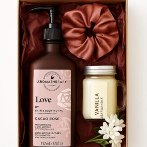 Gift hamper with Bath & Body Works Cacao Rose lotion, vanilla candle, and satin scrunchie in a box