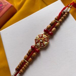 Elegant Beaded Rakhi with Kundan Centrepiece & Pearl Detailing